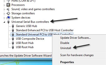 ถอนการติดตั้งตัวควบคุม USB