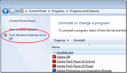 Turning Windows Features On or Off