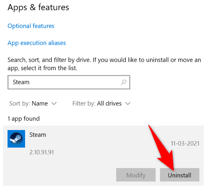 ถอนการติดตั้งแอพ Steam ใน Windows 10
