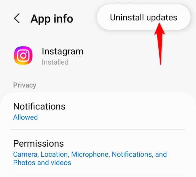 ถอนการติดตั้งการอัปเดตแอปของ Instagram บนอิมเมจ Android