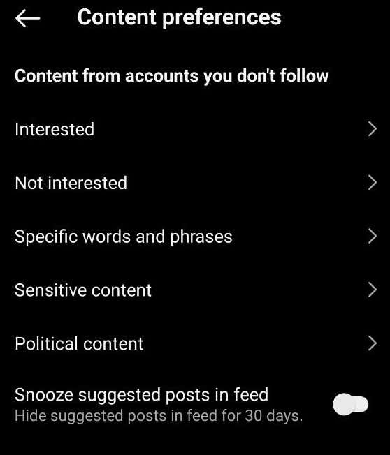 Screenshot of Content Preferences on Instagram - 10_change content preferences